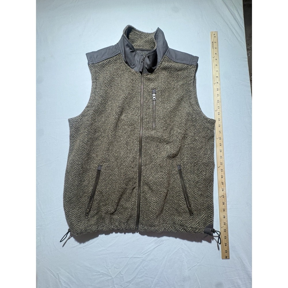 Orvis 1856 Mens Herringbone Tweed Fleece Vest Brown Tan Large Full Zip 6P73